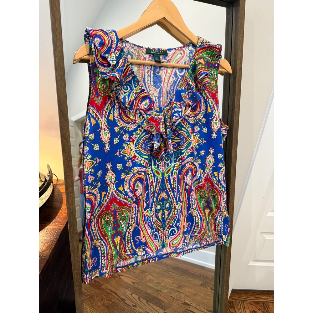 LAUREN RALPH LAUREN Womens XL Paisley Print Ruffle V Neck Sleeveless Blouse Top
